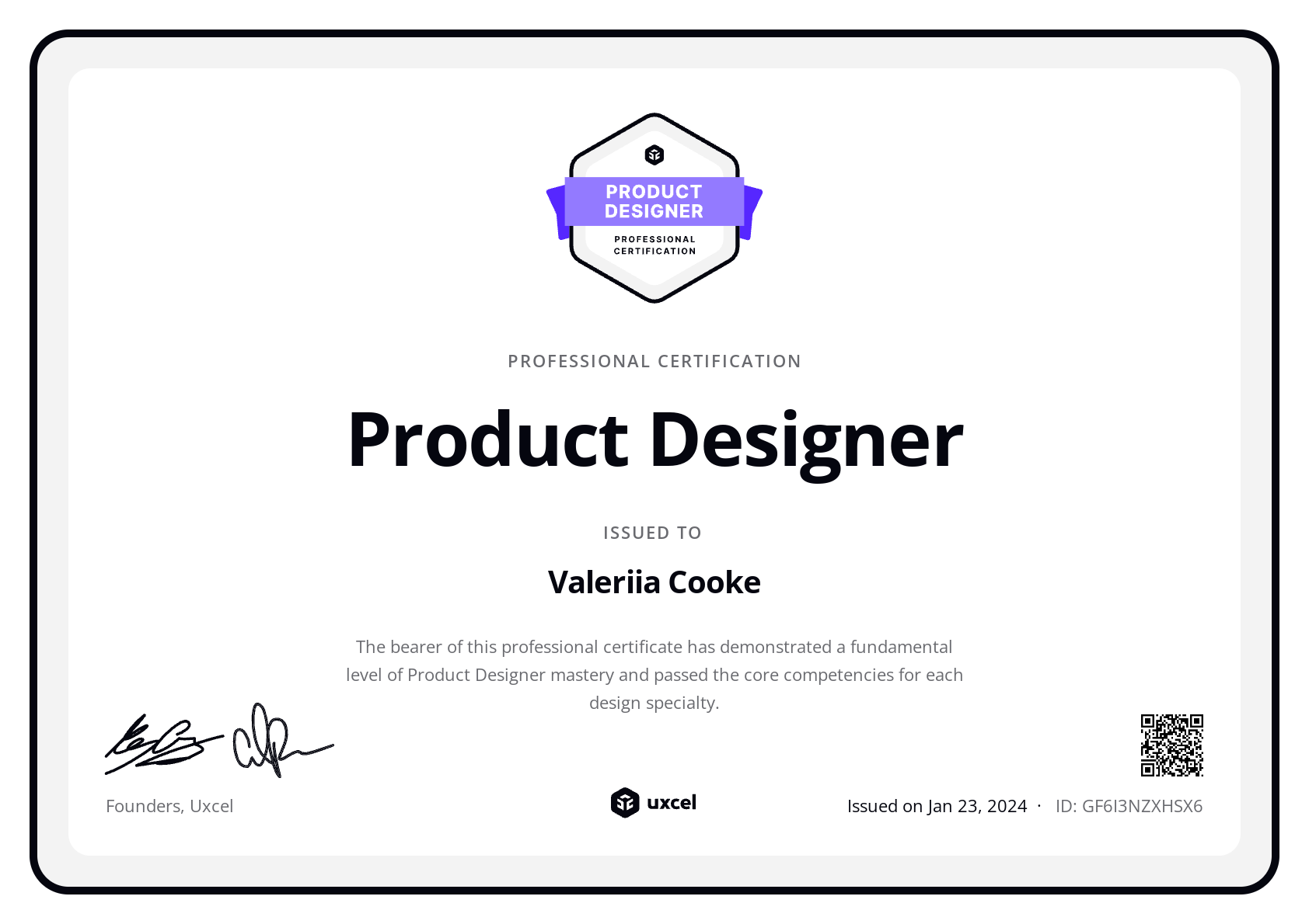 Valeriia Cooke's certificate